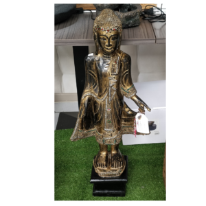 Statue Bouddha Debout Bois Sculpté & Feuilles d'Or