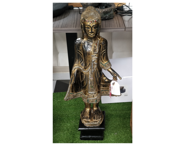 Statue Bouddha Debout Bois Sculpté & Feuilles d'Or