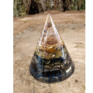 Orgonite Cône Œil de Tigre - Hématite - Tourmaline 55x65